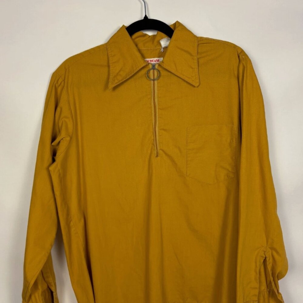 Vintage 70s Showcase Mustard Yellow Ring Zip Shirt Men’s M 15.5 USA Made